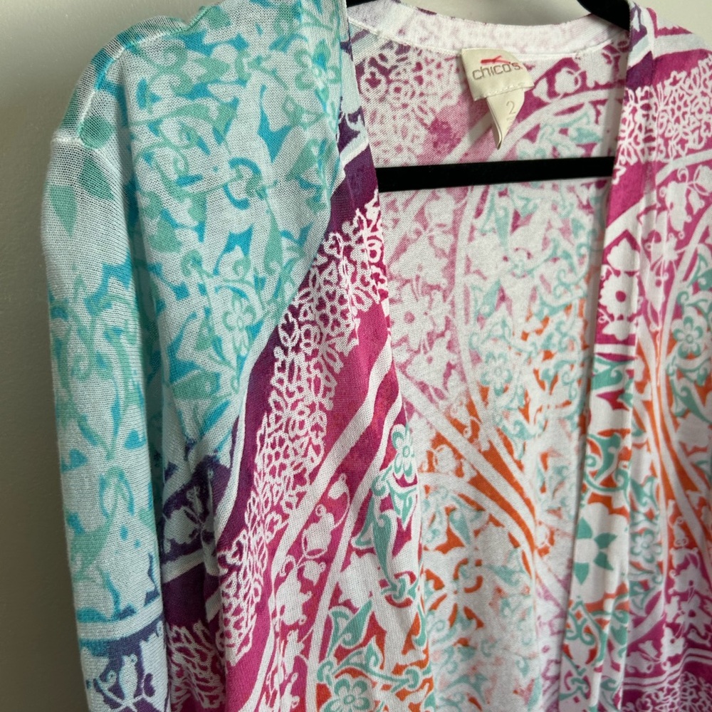 Chico's Colorful Floral and Geometric Lightweight Open Cardigan size 2